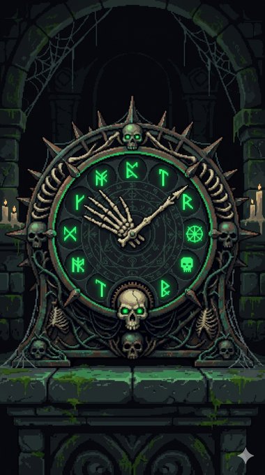 A digital illustration of a gothic clock featuring skulls, skeletal hands, and green runes, with the time set near 10:10.