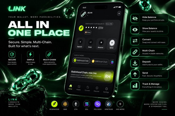 A promotional graphic for a crypto wallet app called 'LINK' featuring the tagline 'ALL IN ONE PLACE' and showing a phone mockup with features like Hide Balance, Show Balance, Convert, Multi-Chain, Deposit, Send, and Track & Manage.