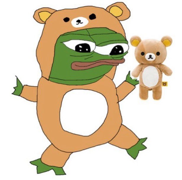 A drawing of a character in a brown bear costume with a sad green frog face underneath, standing next to a small brown teddy bear plush toy.