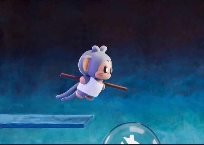 The image features a cartoon character, possibly a monkey or a cat, wearing a white outfit with a hat and holding a stick while flying through the air. The background of the image is dark blue, which contrasts with the light blue balloon floating above the character's head. The caption below the image reads "GM! Thanks @opensea for including my @ChimpersHQ".