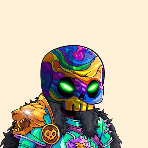 Colorful digital artwork of a skeleton figure with glowing green eyes, wearing ornate multicolored armor with a skull medallion, in a fantasy/NFT art style.