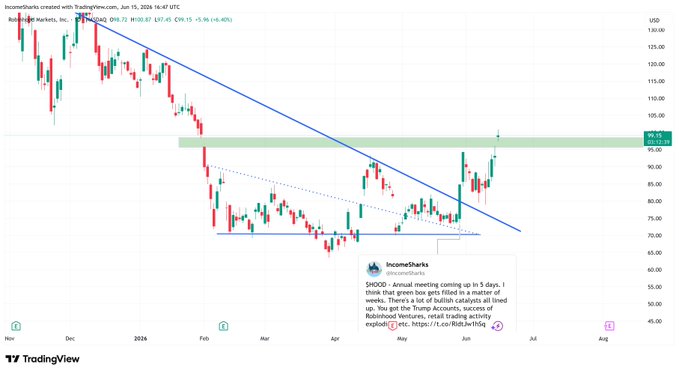 The image features a line graph showing the fluctuations of a stock symbol, $HOOD$, over time. The horizontal axis represents the dates from 6/15/2015 to 7/12/2019, while the vertical axis displays the stock price on a scale ranging from 0 to 100. The stock price at different points in time can be seen clearly, and there is an upward-pointing trend indicating that the stock has been rising. The image also includes a caption providing information about the target price for $HOOD: "$100 hit within 2 weeks but the long term target remains $200 over 3 years."