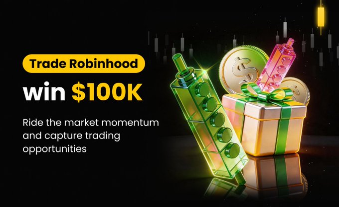 A promotional graphic featuring a "Trade Robinhood" badge, "WIN $100K" headline, and the tagline "Ride the market momentum and capture trading opportunities," alongside a 3D rendering of a gift box overflowing with gold coins and stacked casino-style chips against a dark background with candlestick chart visuals—directly advertising WEEX's $100K trading giveaway event tied to Robinhood.