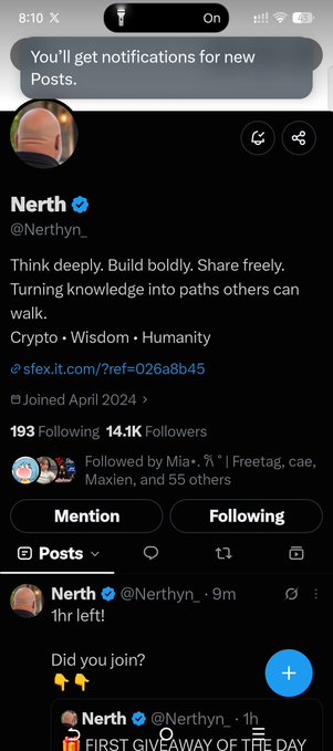 A Twitter profile for 'Nerth @Nerthyn_' displays their bio 'Think deeply. Build boldly. Share freely. Turning knowledge into paths others can walk. Crypto · Wisdom · Humanity' and shows recent posts about a giveaway.