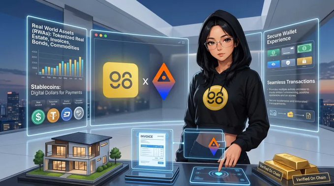 A futuristic anime-style digital illustration of a woman in a black hoodie working with holographic interfaces, featuring 'Real World Assets (RWA)' with bar charts, Stablecoins for digital payments, and a 'Secure Wallet Experience' panel.