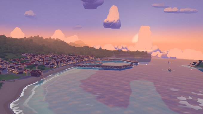 A stylized 3D rendered landscape of a coastal town at sunset with pastel pink and purple skies, puffy cartoon-like clouds, and a calm bay.