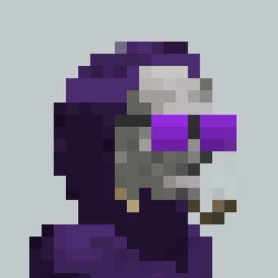 A pixel art character with a purple hood, gray face, and purple sunglasses against a gray background.