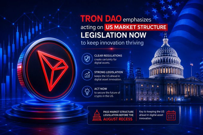 A digital promotional graphic for 'TRON DAO' advocating for 'US MARKET STRUCTURE LEGISLATION NOW' to keep innovation thriving, featuring a 3D TRON coin and the US Capitol building.