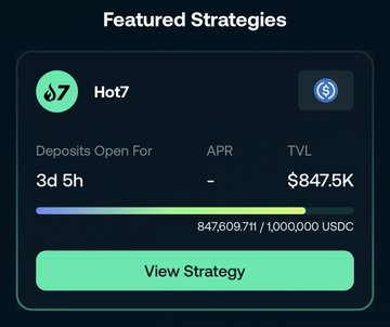 A 'Featured Strategies' screen from a digital asset platform showing a 'Hot7' strategy with deposits open for 3 days 5 hours and a TVL of $847.5K.
