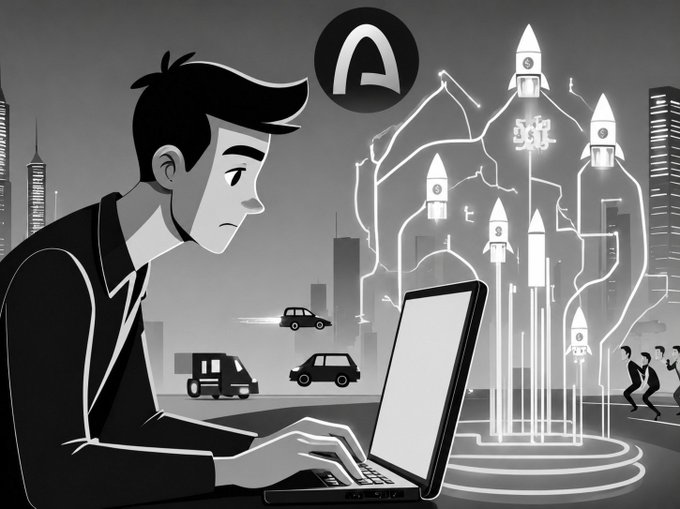 A black and white illustration shows a man in a suit typing on a laptop, with rocket ships launching from a screen and cars driving on a highway in the background, with an 'A' logo at the top.