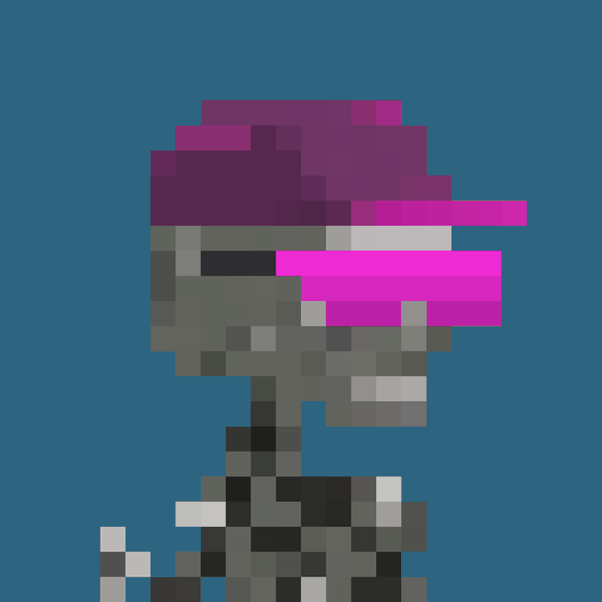 A pixel art image showing a robotic figure with a dark body and head, sporting a vibrant purple and magenta mohawk-like structure on top.