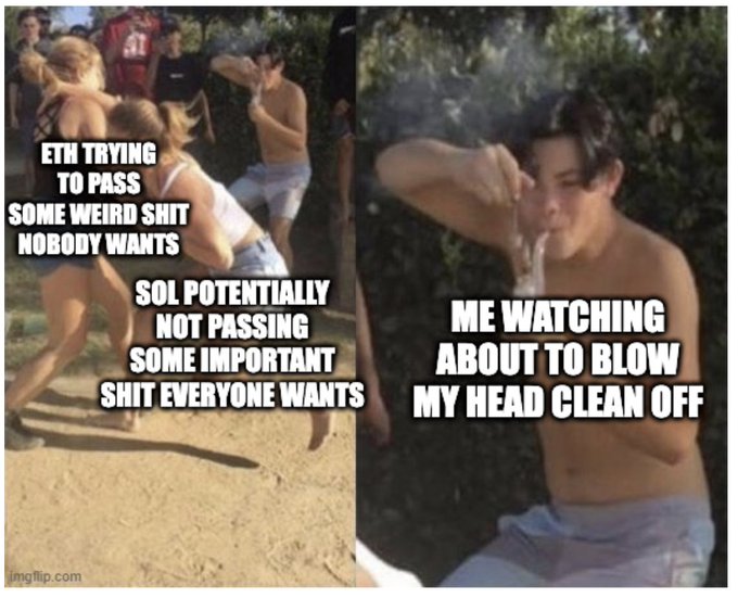 A two-panel meme from imgflip.com comparing ETH's struggles passing EIPs (Ethereum Improvement Proposals) to a meme of a man blowing his head off, referencing SOL successfully passing desired upgrades.