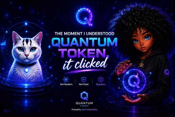 A promotional graphic for 'QUANTUM TOKEN' featuring a digital illustration of a white cat and a woman with curly hair holding glowing orbs, with the tagline 'THE MOMENT I UNDERSTOOD QUANTUM TOKEN, it clicked' and subtext 'Probability. Not Predictability.'