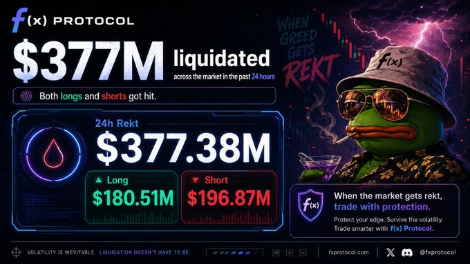 f(x) Protocol infographic showing $377M liquidated across the crypto market in the past 24 hours, with longs losing $180.51M and shorts losing $196.87M, featuring the Pepe mascot with the slogan 'When Greed Gets Rekt, Trade with Protection.'