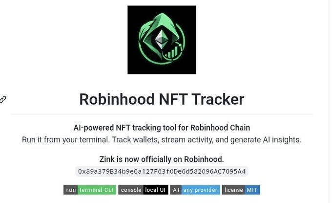 GitHub page for 'Robinhood NFT Tracker', described as an AI-powered NFT tracking tool for Robinhood Chain, with tags including 'run terminal CLI', 'console', 'local UI', 'AI any provider', and 'license MIT'.