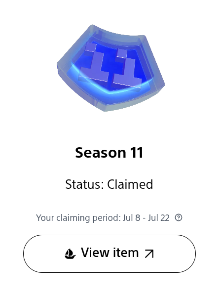 A digital NFT-style item display featuring a blue shield with a pixelated lightning bolt design, labeled 'Season 11' with 'Status: Claimed' and a claiming period of 'Jul 8 - Jul 22' above a 'View item' button.