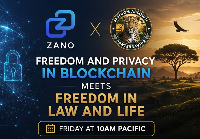The image features a poster with two logos - one for Zano and another for Pantera. The text on the poster reads "Zano x Pantera meets Freedom in Law and Life". The background of the poster shows a tree, mountains, and a sunset. The poster also includes a calendar that says "Friday at 10AM Pacific" along with the event details.
