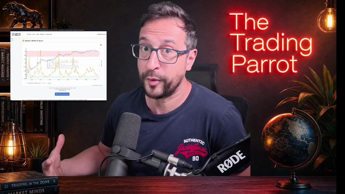 A bearded man with glasses speaks into a microphone on a podcast/video titled 'The Trading Parrot' in red neon lighting, with a trading chart shown in a screen overlay.