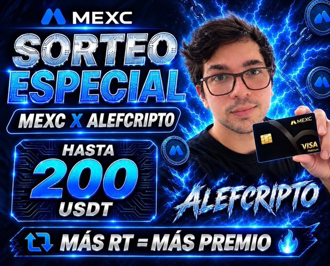 A man with glasses holds up a MEXC Visa debit card against an electric blue background advertising "SORTEO ESPECIAL MEXC x ALEFCRIPTO" with prizes up to 200 USDT and the tagline "MÁS RT = MÁS PREMIO," promoting a giveaway where retweets increase the prize pool.