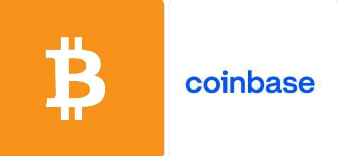 The image displays the Bitcoin "₿" logo on an orange background alongside the blue "coinbase" wordmark, visually pairing the cryptocurrency with the major exchange whose CEO made the bullish $400,000 price prediction referenced in the post.