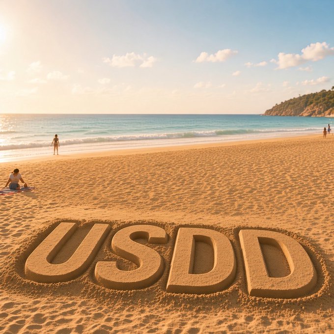 The image shows "USDD" carved into the golden sand of a serene beach, with ocean waves, a clear sky, and a few beachgoers in the background. The sandy "USDD" lettering visually reinforces the post's message of long-term stability and solid foundation for the USDD stablecoin, mirroring the beach scene's enduring, natural strength that parallels the protocol's sustained treasury profitability.