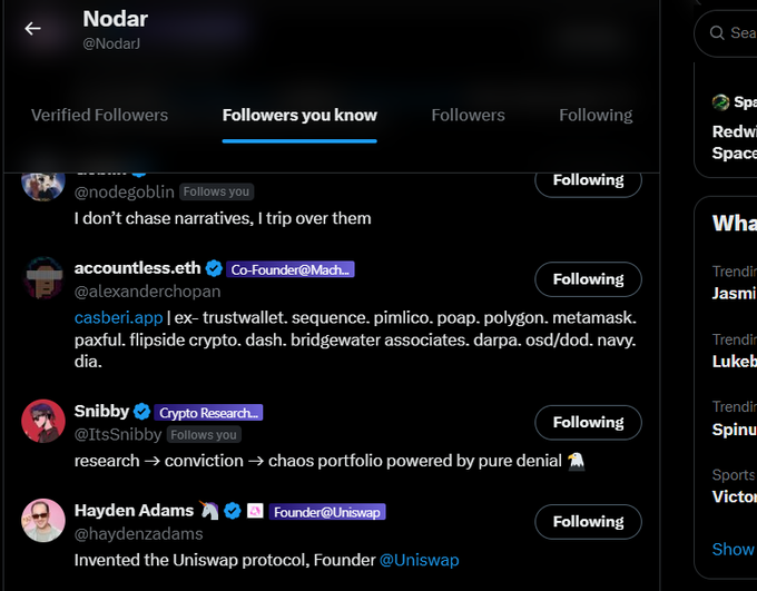 The image shows Nodar's (@NodarJ) "Followers you know" list on X (Twitter), highlighting notable crypto figures including Hayden Adams (@haydenzadams), the inventor of the Uniswap protocol and Founder @Uniswap. This relates to the accompanying post by celebrating that the Uniswap founder follows @Hookrfun, lending credibility to the $HOOKR token as the account claims.
