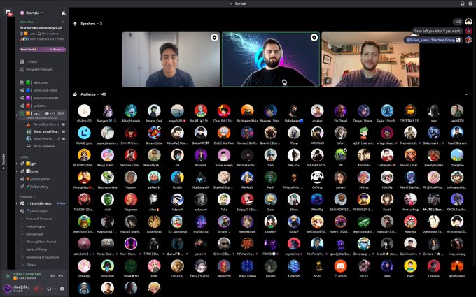 A screenshot of a Discord-style community interface showing a 'Starsise' server with three speakers on video call at the top and a large grid of audience avatars below, totaling 140 members.