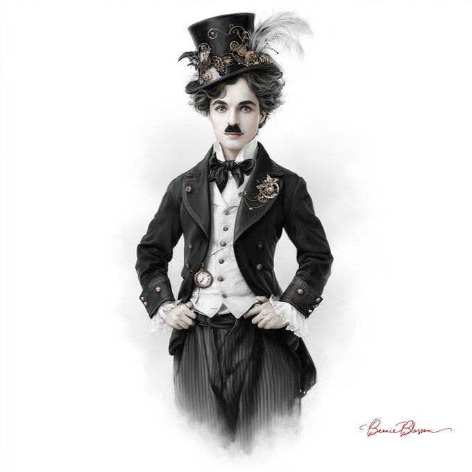 An illustration of a young man with a mustache wearing a steampunk-style top hat with gears and a feather, a black tailcoat, and a white waistcoat, signed 'Bennie Bleson'.