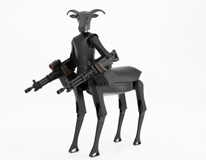 A black, robotic goat-like figure with horns stands on four legs, wielding two machine guns against a white background.
