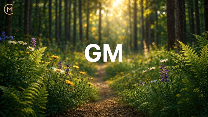 A serene forest path lined with ferns and wildflowers, illuminated by golden sunlight filtering through the trees, with the text 'GM' in the center and a logo in the upper left.