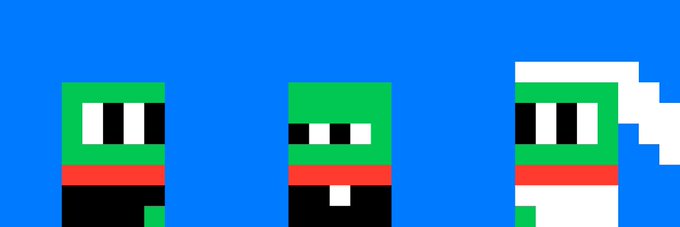A pixel-art animation shows three green, white, and red characters against a blue background, with one on the right appearing to move.