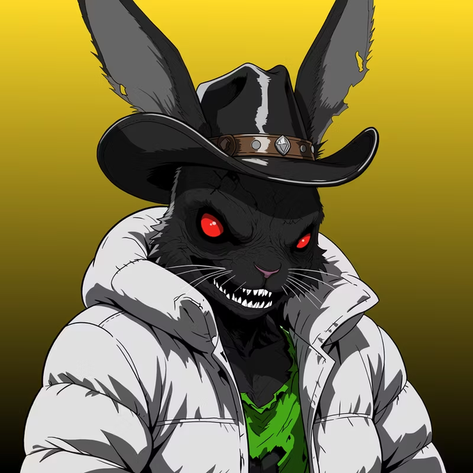 An illustrated character featuring a menacing black rabbit with glowing red eyes and sharp teeth, wearing a cowboy hat and a white puffer jacket over a green shirt, set against a yellow background.