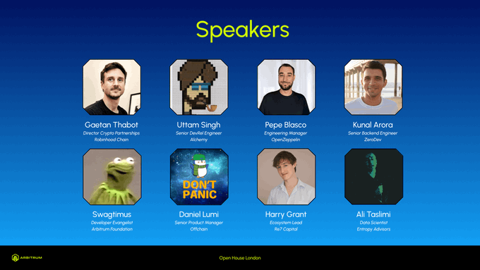 A "Speakers" slide for Founder House's Open House London event (July 10-12), featuring eight mentors including Gaëtan Thabot (Robinhood Chain), Uttam Singh (Alchemy), Pepe Blasco (OpenZeppelin), Kunal Arora (ZeroDev), Swagtimus (Arbitrum Foundation), Daniel Lumi (OffChain), Harry Grant (R/ Capital), and Ali Taslimi (Cipher Advisors), whose diverse expertise in crypto infrastructure and programmable economies supports the post's message about guiding founders in product development.
