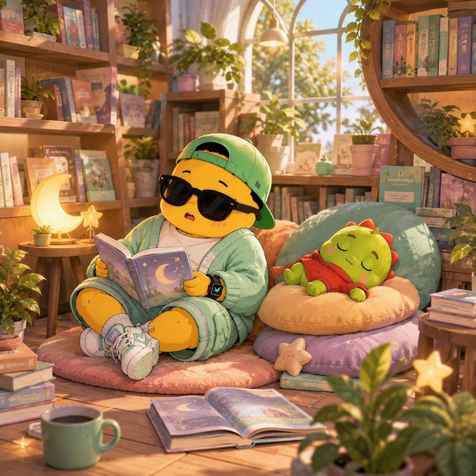 A cute yellow emoji character wearing a green cap, sunglasses, and a robe reads a book while sitting next to a sleeping green dinosaur plush toy on a beanbag in a cozy, plant-filled library.