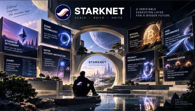 A promotional graphic for Starknet, featuring the tagline 'A VERIFIABLE EXECUTION LAYER FOR A BIGGER FUTURE' with sections highlighting 'STARK TECHNOLOGY', 'NATIVE ACCOUNT ABSTRACTION', 'BITCOIN LIQUIDITY', and more.