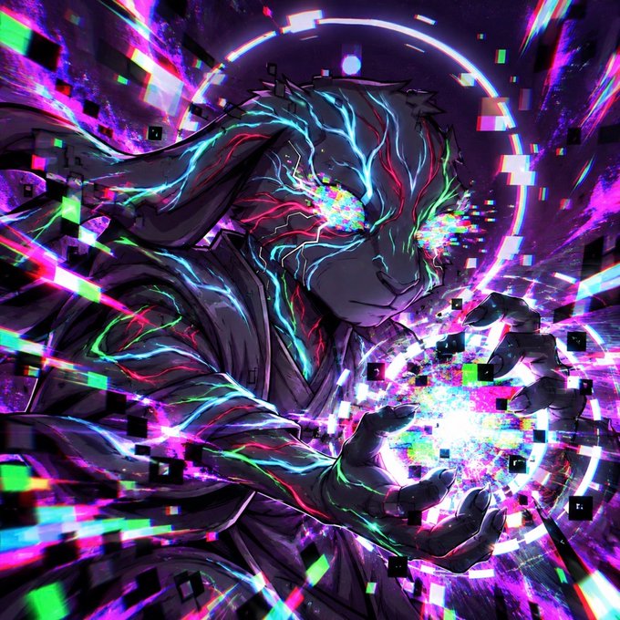 A vibrant digital illustration of a dark, horned character with glowing neon pink, green, and blue patterns across their body, manipulating colorful pixelated energy with their hands.