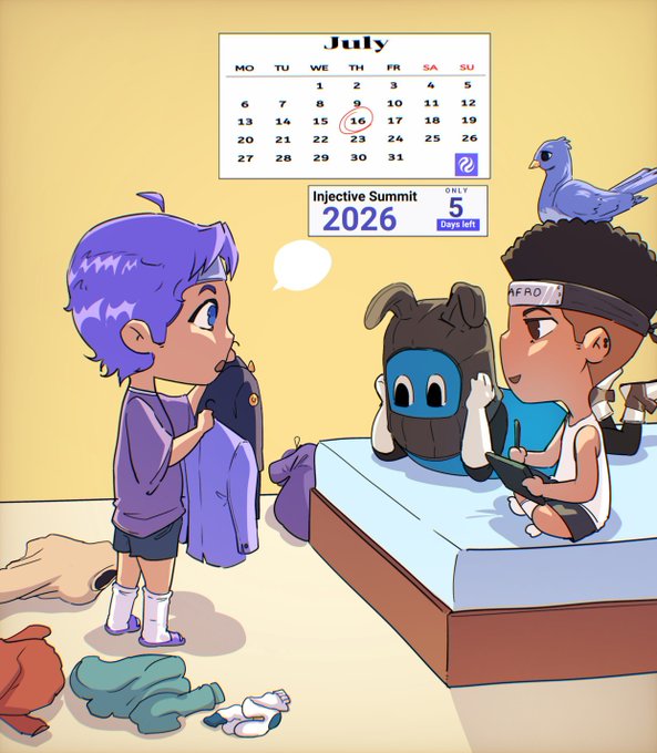 A digital illustration of a bedroom scene with two cartoon characters, one holding a horse head mask, a calendar showing July 2026 with the 16th circled, and a countdown that reads 'Injective Summit 2026 - ONLY 5 Days left!'.
