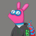 A pink animated character with bunny ears and blue eyes, wearing a black jacket with "420" and "STZ" in green text, holds a red-and-blue rocket while standing next to a stack of green dollar bills—visually echoing the post's rocket emojis and bullish "green candles to the moon" message about supporting the Creepz community.
