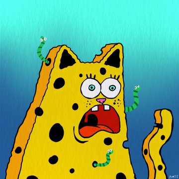 Digital artwork depicting a yellow spotted cat with an alarmed expression and worms on its fur, set against a teal background.
