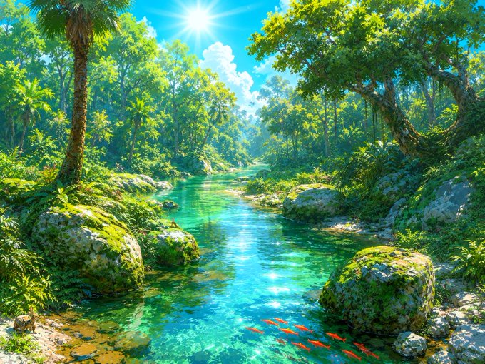 A vibrant tropical river winds through lush jungle with moss-covered rocks, palm trees, and orange koi fish swimming in the clear turquoise water beneath a bright sun.

The image's pristine, untouched natural setting contrasts with the post's narrative of transforming maritime trade with blockchain, evoking the "real world assets" (RWAs) theme by showcasing a tangible, vivid ecosystem—much like @EthraShip's mission to bring authenticity and transparency to shipping through $SHIP and Sea Verity, rather than relying on hollow token hype.