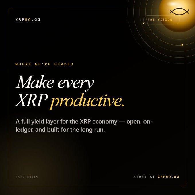 The image features a black background with white text that reads "Where we're headed Make every XRP productive. A full yield layer for the XRP economy-open, on-ledger, and built for the long run. Start at XRPRO.GG". The image is centered in the post and has a gold border around it.