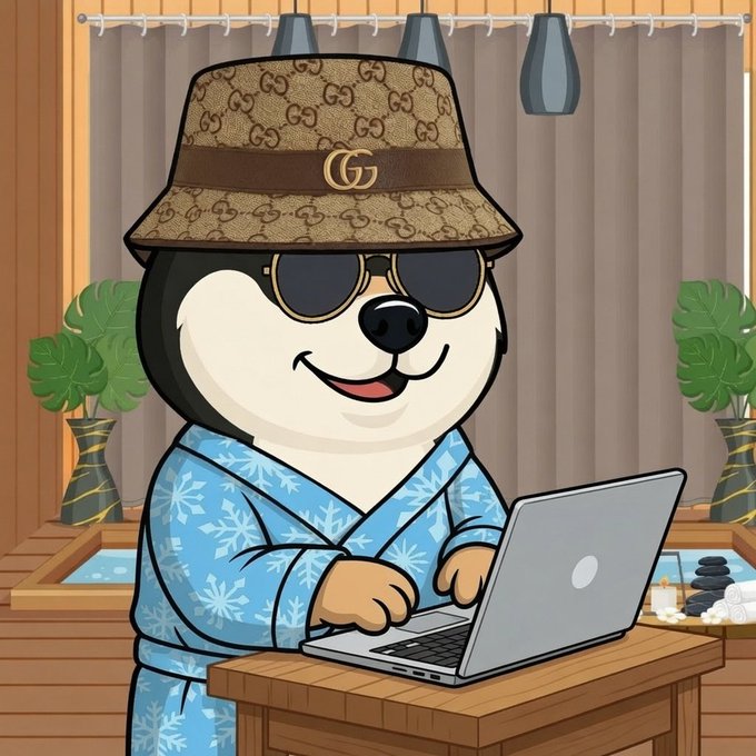 A cartoon dog character wearing a designer monogram bucket hat, sunglasses, and a blue snowflake-patterned robe works on a laptop in a luxurious spa setting, fittingly illustrating the poster's "aping" of $MANYU at every opportunity.