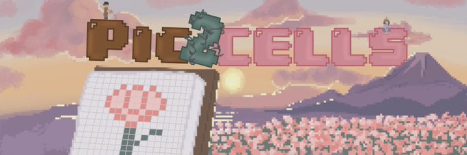 The image features a poster for a video game called "Pic2 Cells" with a pink flower design at the bottom center of the frame, surrounded by mountains and clouds. The text above the flower reads "Early Alpha - @pic2cells Supply: TBA Chain: ETH Fully on-chain pixel art where every mint starts as a living cell with its own unique seed", indicating that the game is in its early stages and has a unique gameplay experience.