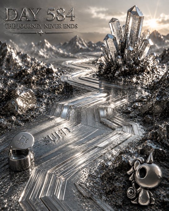 A metallic landscape with crystalline structures and a winding chrome river labeled "UFD" reinforces the post's message of $UFD being a community-forged, grassroots crypto, while a platinum bar stamped "Pt 999.5" visually symbolizes the token's "pure, not synthetic" strength.