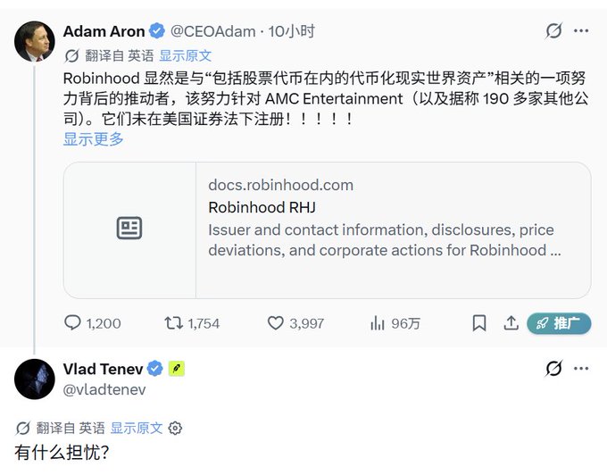 The image displays a tweet from Adam Aron (@CEOAdam) linking to a Robinhood registration document and claiming Robinhood is a strong promoter of efforts to "tokenize real-world assets including stocks." Vlad Tenev (@vladtenev) replies with "有什么担忧?" (Chinese for "What's the concern?"), a concise response echoing the dismissive five-word style noted in the post's caption.