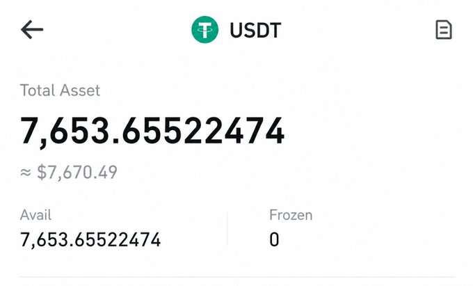 A screenshot of a crypto wallet showing a total USDT (Tether) asset balance of 7,653.65522474 (approximately $7,670.49), with all funds available and none frozen. The image ties to the post by illustrating the USDT value that an airdrop hunter might have received or converted from their $ARB airdrop rewards on March 23, 2023.