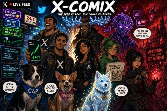 A vibrant promotional illustration titled 'X-COMIX: THE FEED IS REAL. THE SQUAD IS LEGEND' featuring various characters, dogs, and crypto/financial elements like ETH at +4.21% and BTC.