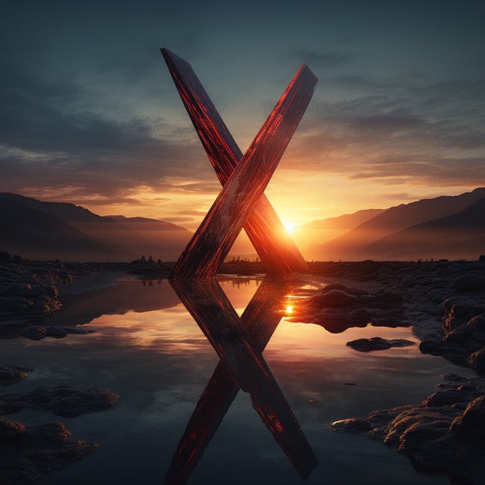 A dramatic digital artwork featuring a large, glowing red X-shaped sculpture reflected in water during a vibrant sunset with mountains in the background.