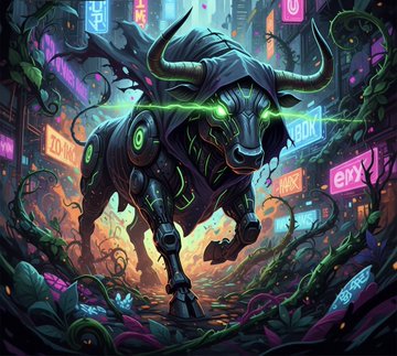 Vibrant digital art of a futuristic mechanical bull with glowing green accents and horns, set against a neon cyberpunk cityscape with signs like 'IRON' and 'CRY'.