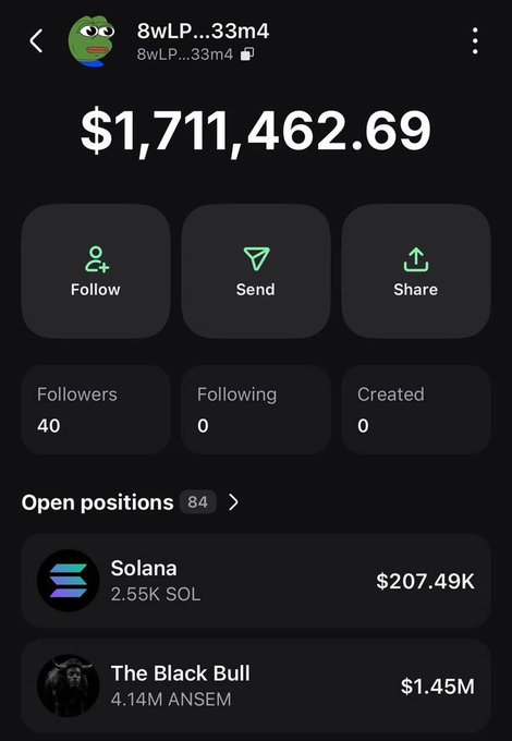 The image shows a trading portfolio with a total balance of $1,711,462.69, featuring open positions in Solana ($207.49K, 2.55K SOL) and "The Black Bull" ($1.45M, 4.14M ANSEM). It relates to the post by showcasing the impressive gains made on $ANSEM, illustrating how the token "changed [the user's] life" as referenced in the caption.